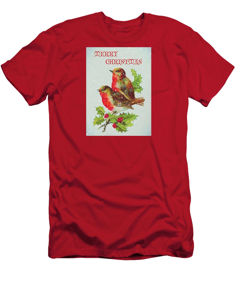 Merry Christmas Snowy Bird Couple T-Shirt featuring the digital art Merry Christmas Snowy Bird Couple by Sandi OReilly