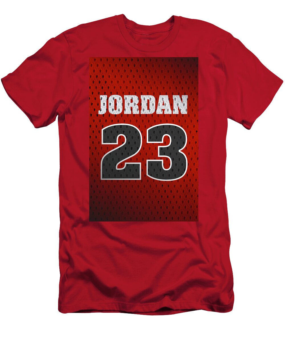 Michael Jordan T-Shirt featuring the mixed media Michael Jordan Chicago Bulls Retro Vintage Jersey Closeup Graphic Design by Design Turnpike