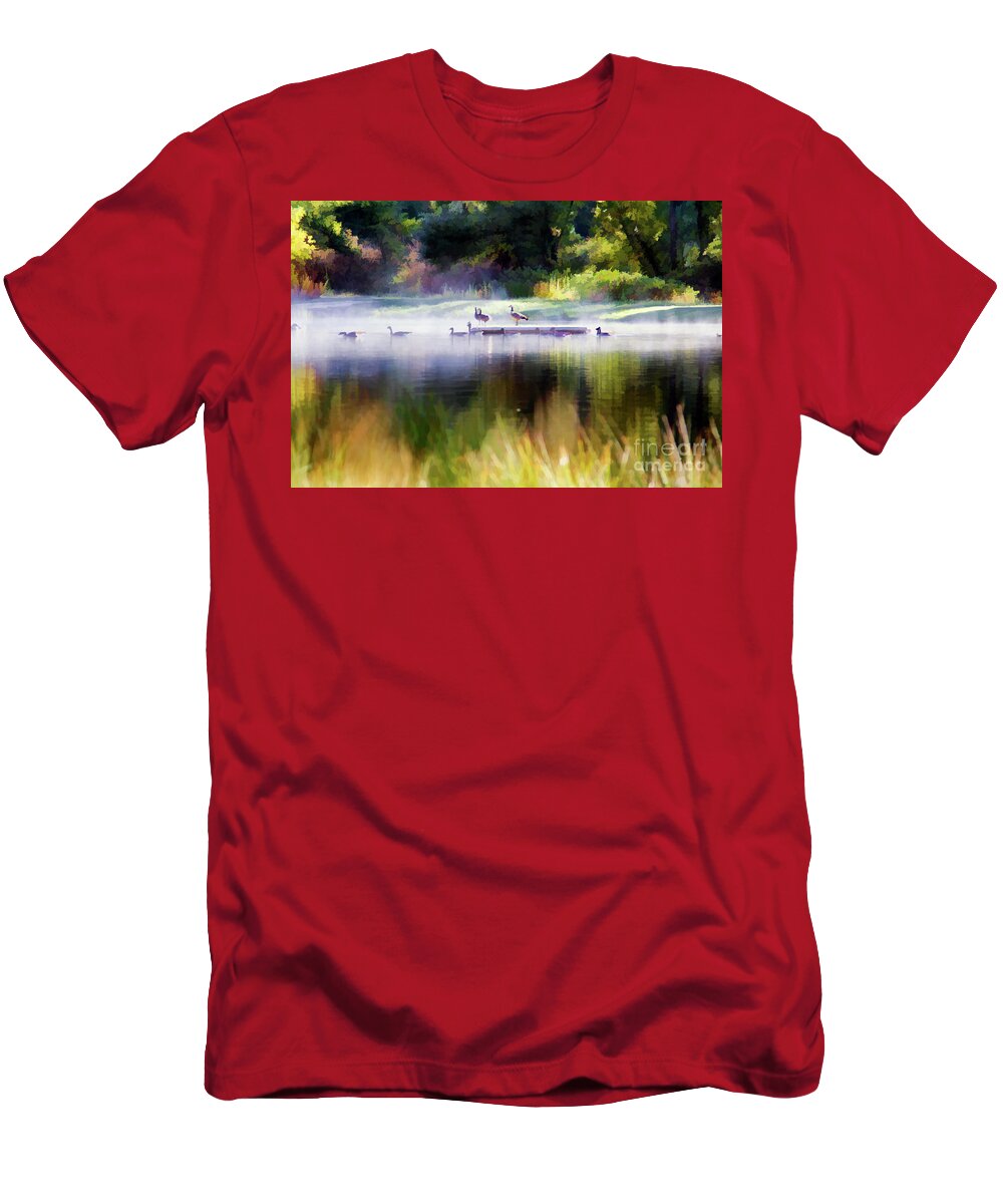 Landscape T-Shirt featuring the photograph Misty Pond 6 AM Paint by Chuck Kuhn