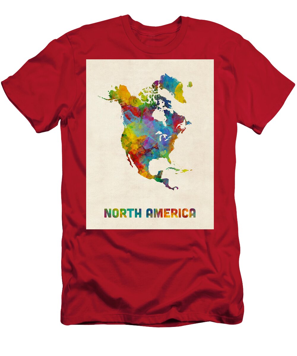 North America T-Shirt featuring the digital art North America Continent Watercolor Map by Michael Tompsett