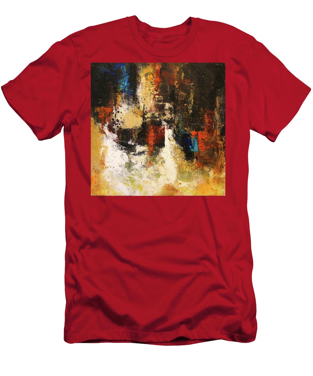Orange And Blue Abstract Art T-Shirt featuring the mixed media One November Night by Patricia Lintner