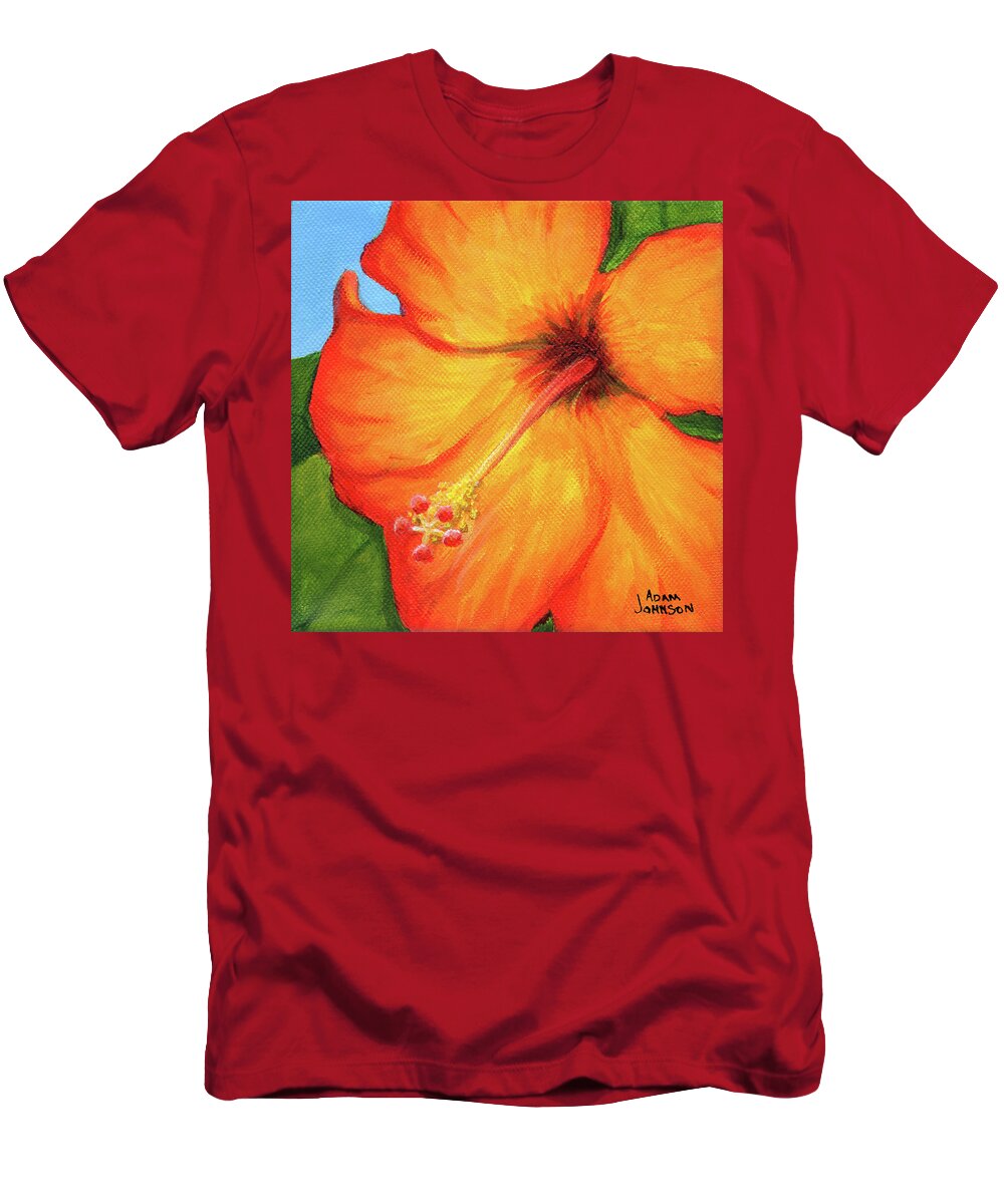Hibiscus T-Shirt featuring the painting Orange Hibiscus Flower by Adam Johnson