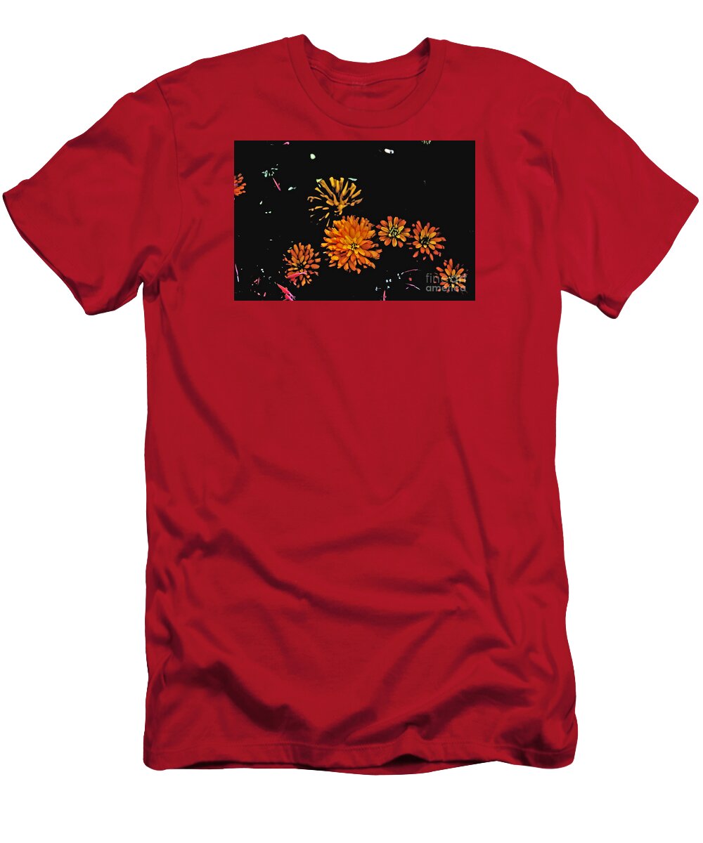  T-Shirt featuring the photograph Orange Zinnias Black Background by David Frederick