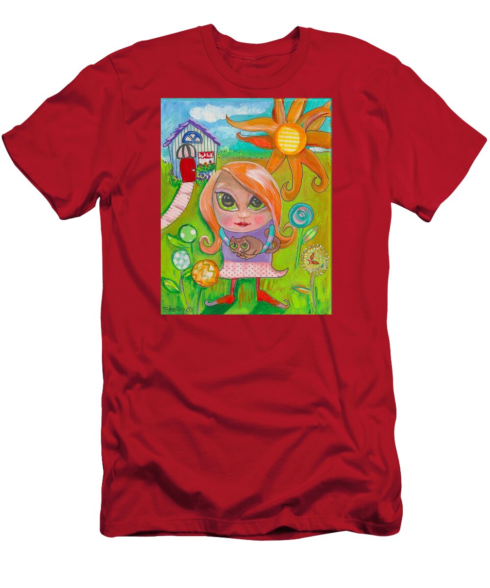 Acrylic T-Shirt featuring the painting Original Art Girl and The Cat -with flowers by Shelley Overton