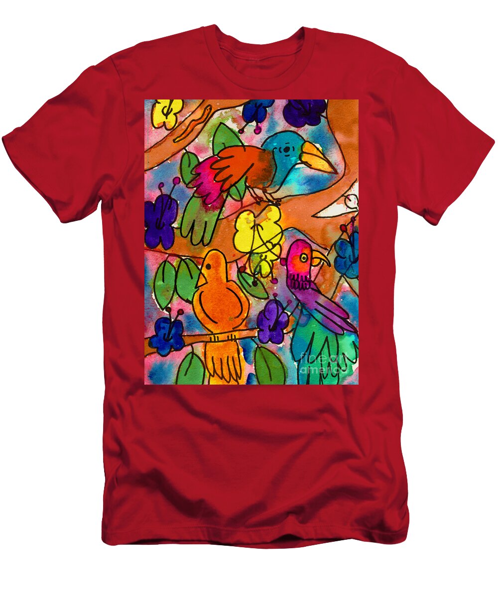Birds T-Shirt featuring the painting Parrots by Nick Abrams Age Nine