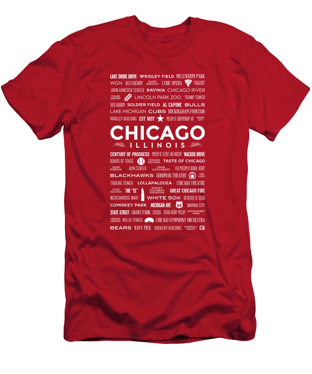 Chicago T-Shirt featuring the digital art Places of Chicago on Red Chalkboard by Christopher Arndt