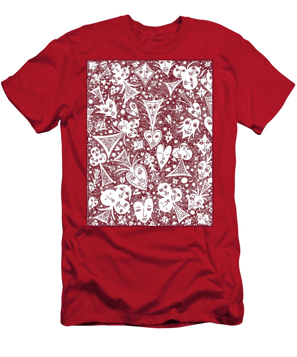 Lise Winne T-Shirt featuring the drawing Playing Card Symbols with Faces in Red by Lise Winne