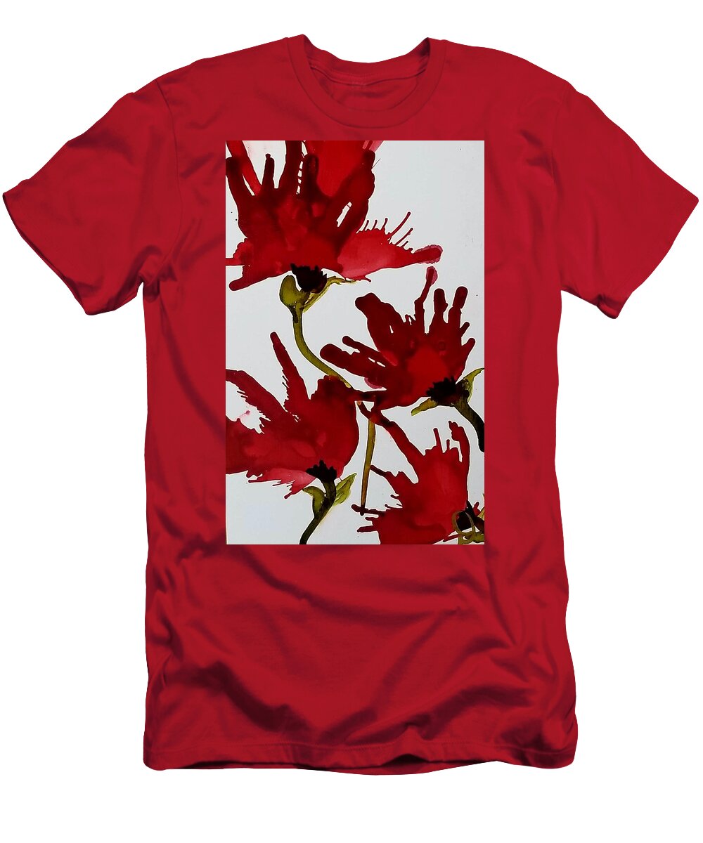 Red T-Shirt featuring the painting Poppies by Donna Perry