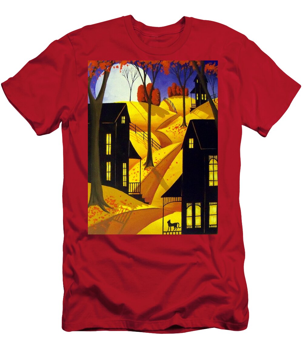 Folk Art T-Shirt featuring the painting Porch Kitty - folk art landscape cat by Debbie Criswell