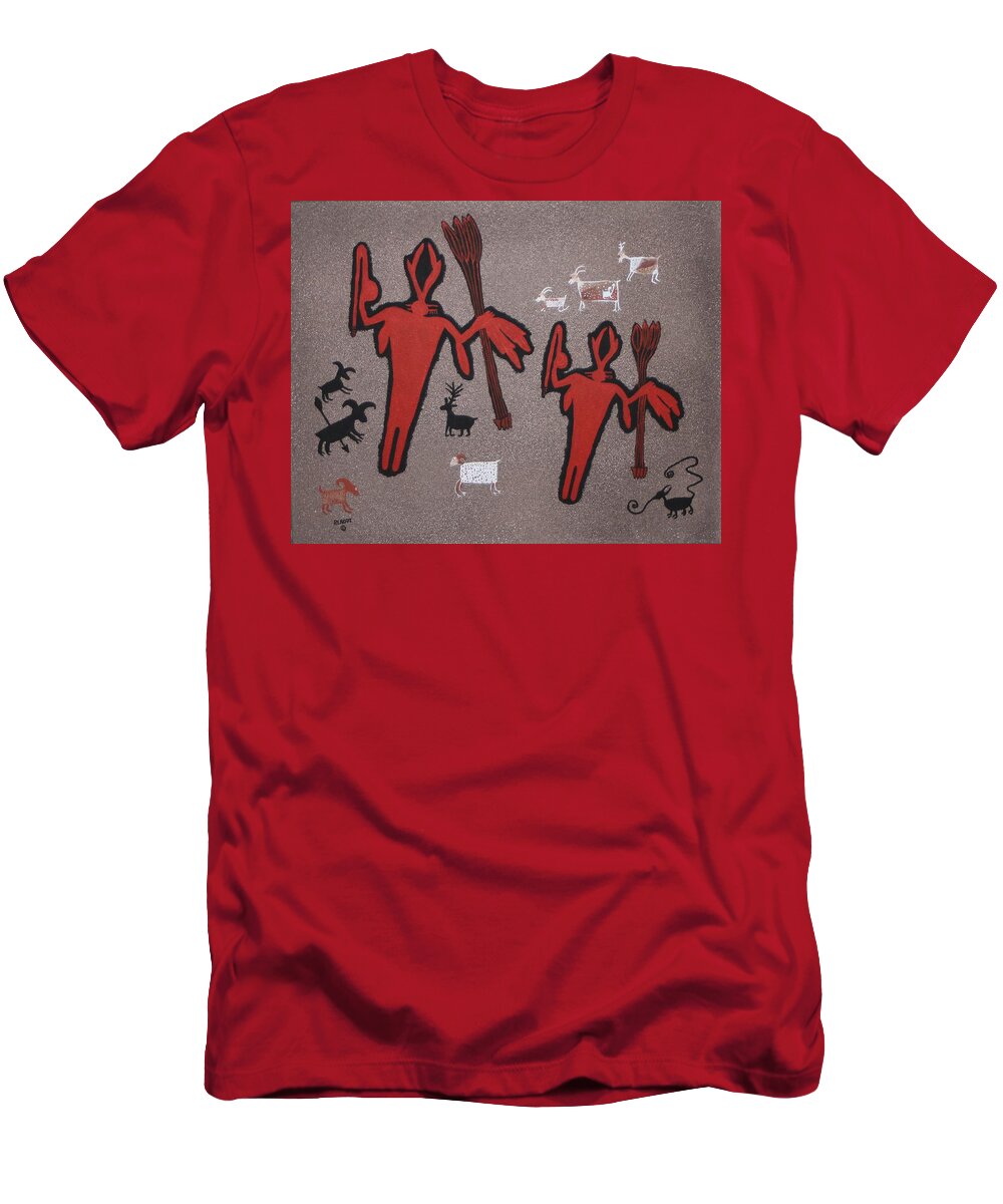 Prehistoric Hunter T-Shirt featuring the painting Prehistoric Hunters by Ralph Root
