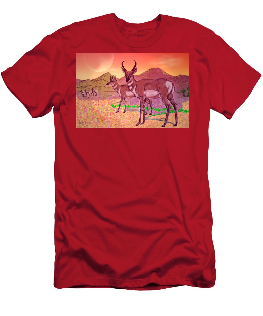 Prong-horn T-Shirt featuring the digital art Prong Horns In The Moonlight by Joyce Dickens