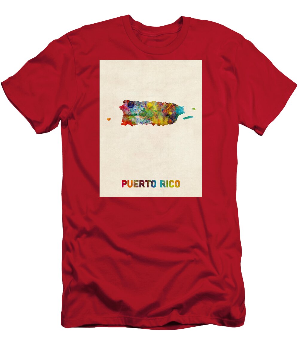 United States Map T-Shirt featuring the digital art Puerto Rico Watercolor Map by Michael Tompsett