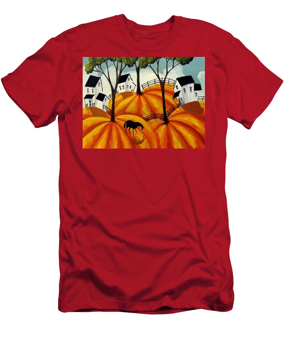 Folk Art T-Shirt featuring the painting Pumpkin Firelds - abstract folk art by Debbie Criswell