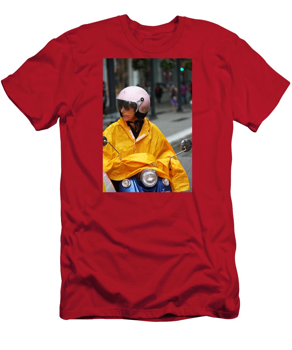 Street Photography T-Shirt featuring the photograph Rain rider by J C