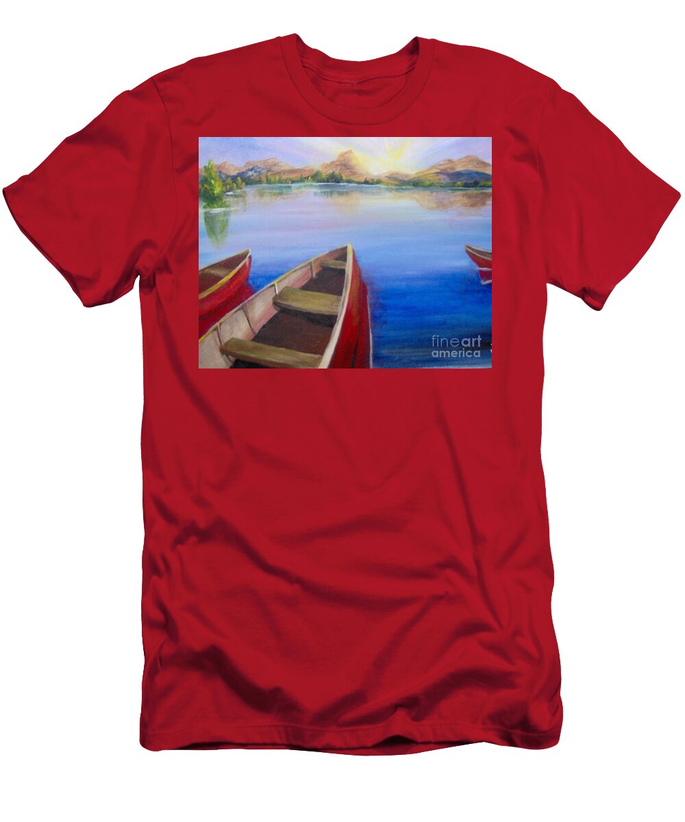 Landscape T-Shirt featuring the painting Red Boats at Sunrise by Saundra Johnson