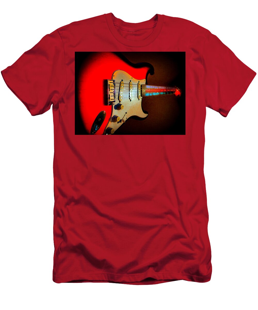 Guitar T-Shirt featuring the digital art Red Burst Stratocaster Glow Neck Series by Guitarwacky Fine Art