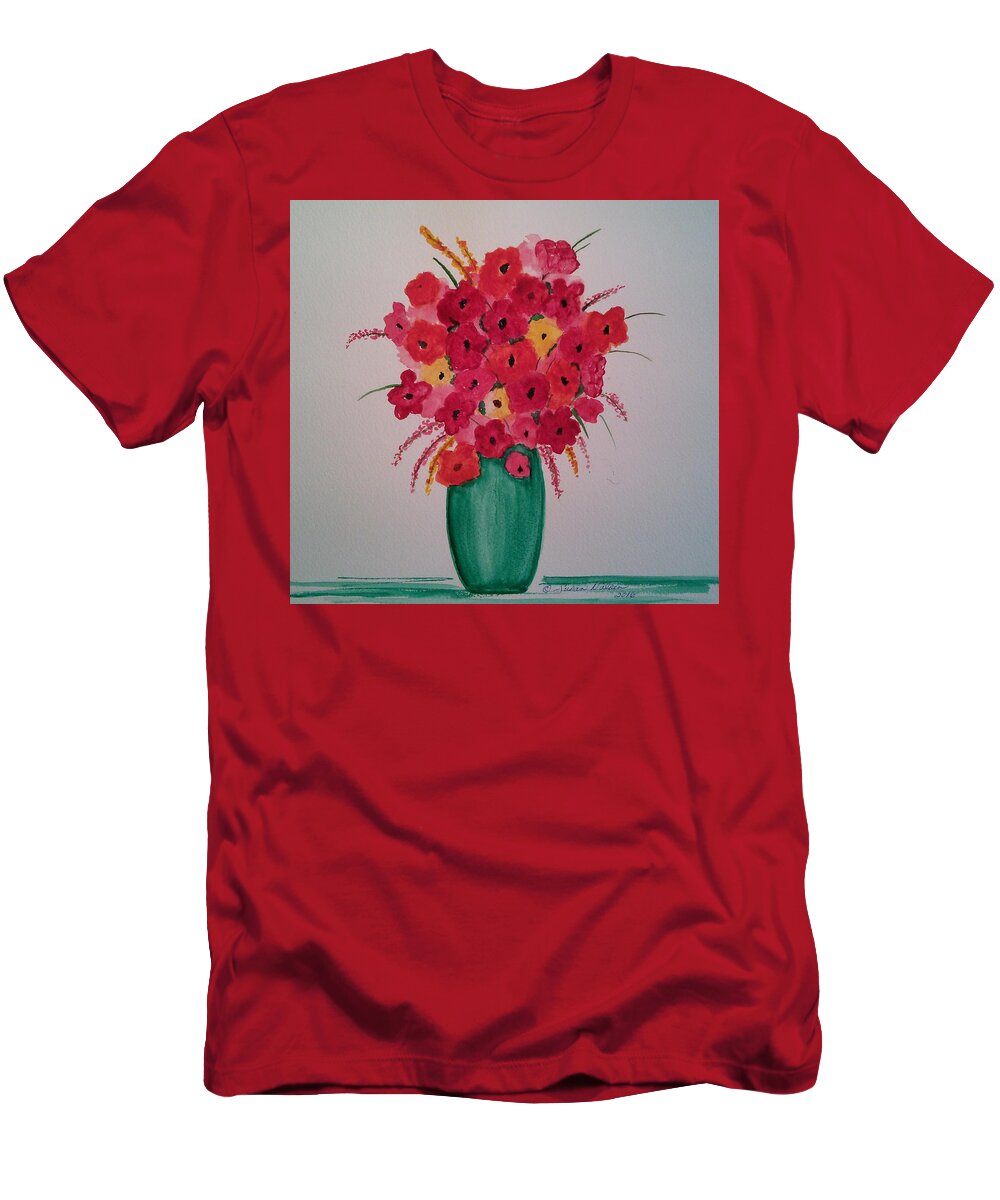Red Flowers T-Shirt featuring the painting Red flowers in a green vase by Susan Nielsen