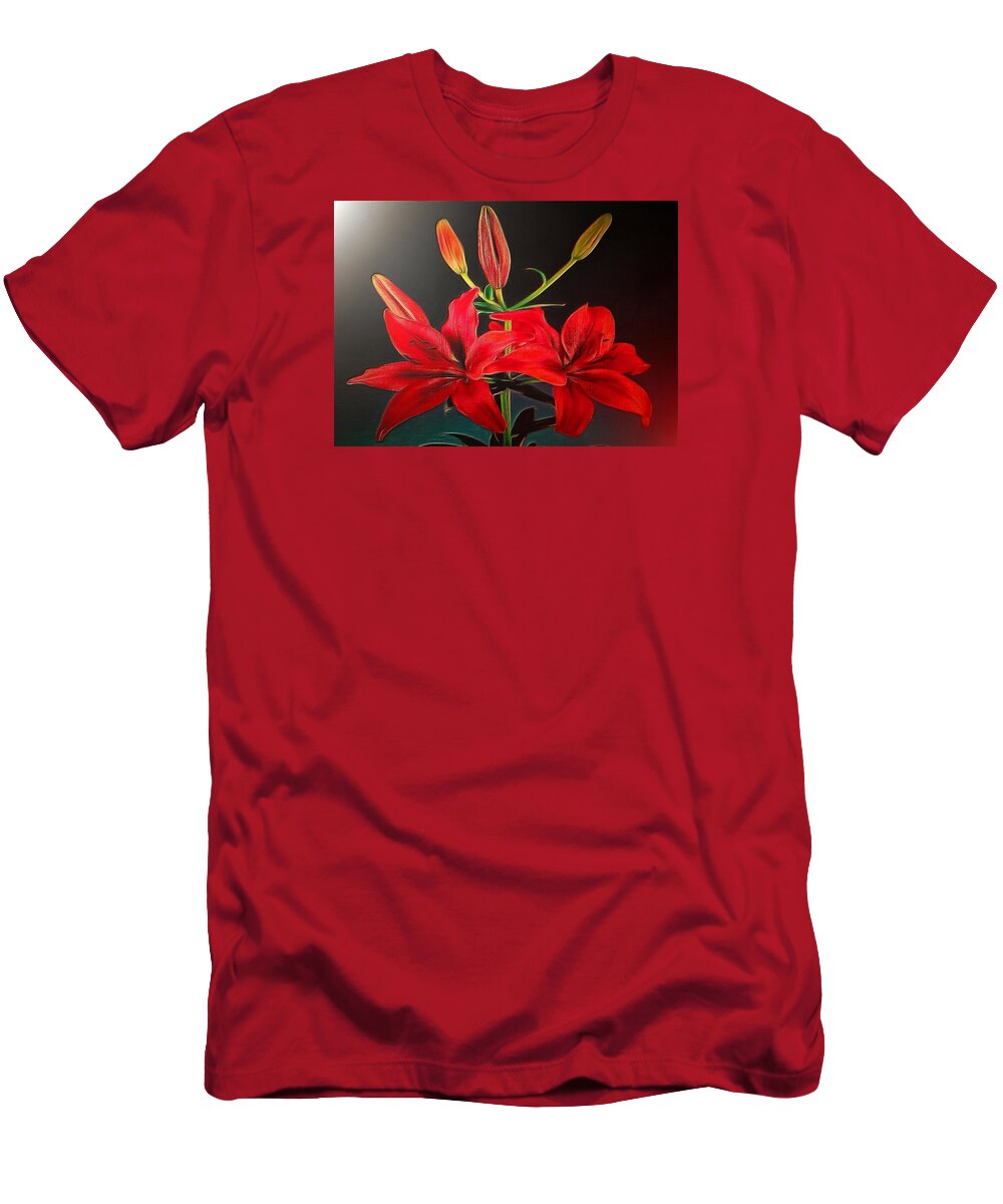 Lilies T-Shirt featuring the digital art Red Lilies by Charmaine Zoe