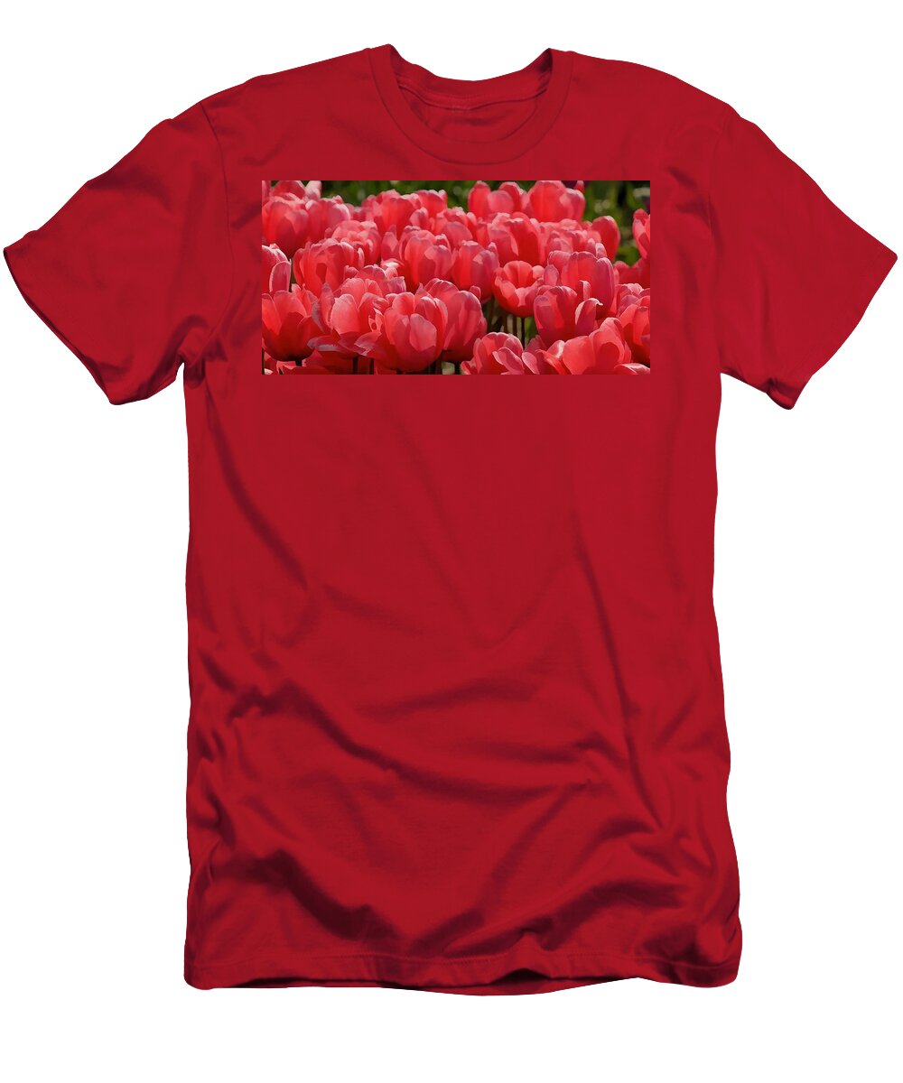  Red Tulip Buds Crest The Earth T-Shirt featuring the painting Red tulip buds crest the earth by Jeelan Clark