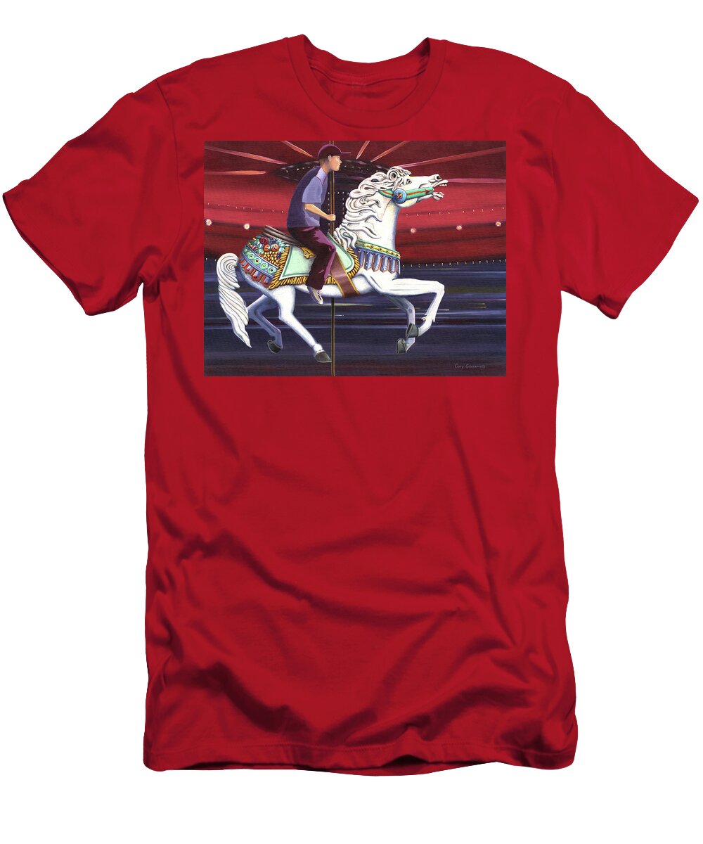 Riding The Carousel Horse Merry Go Round Child Children T-Shirt featuring the painting Riding The Carousel by Gary Giacomelli