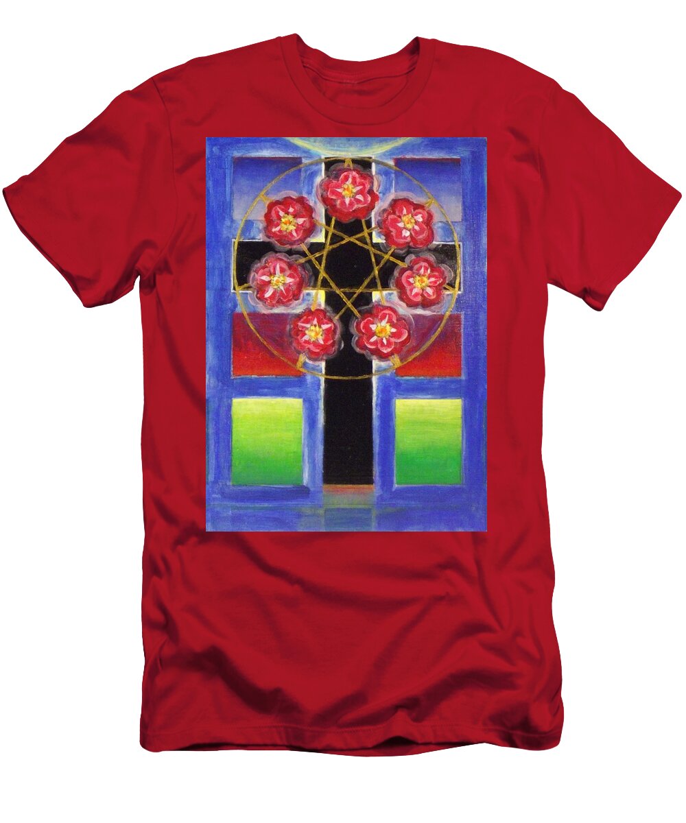 Rose Cross With 7 Pointed Star T-Shirt featuring the painting Rose Cross with 7 Pointed Star, Stephen Hawks 2015 by Stephen Hawks