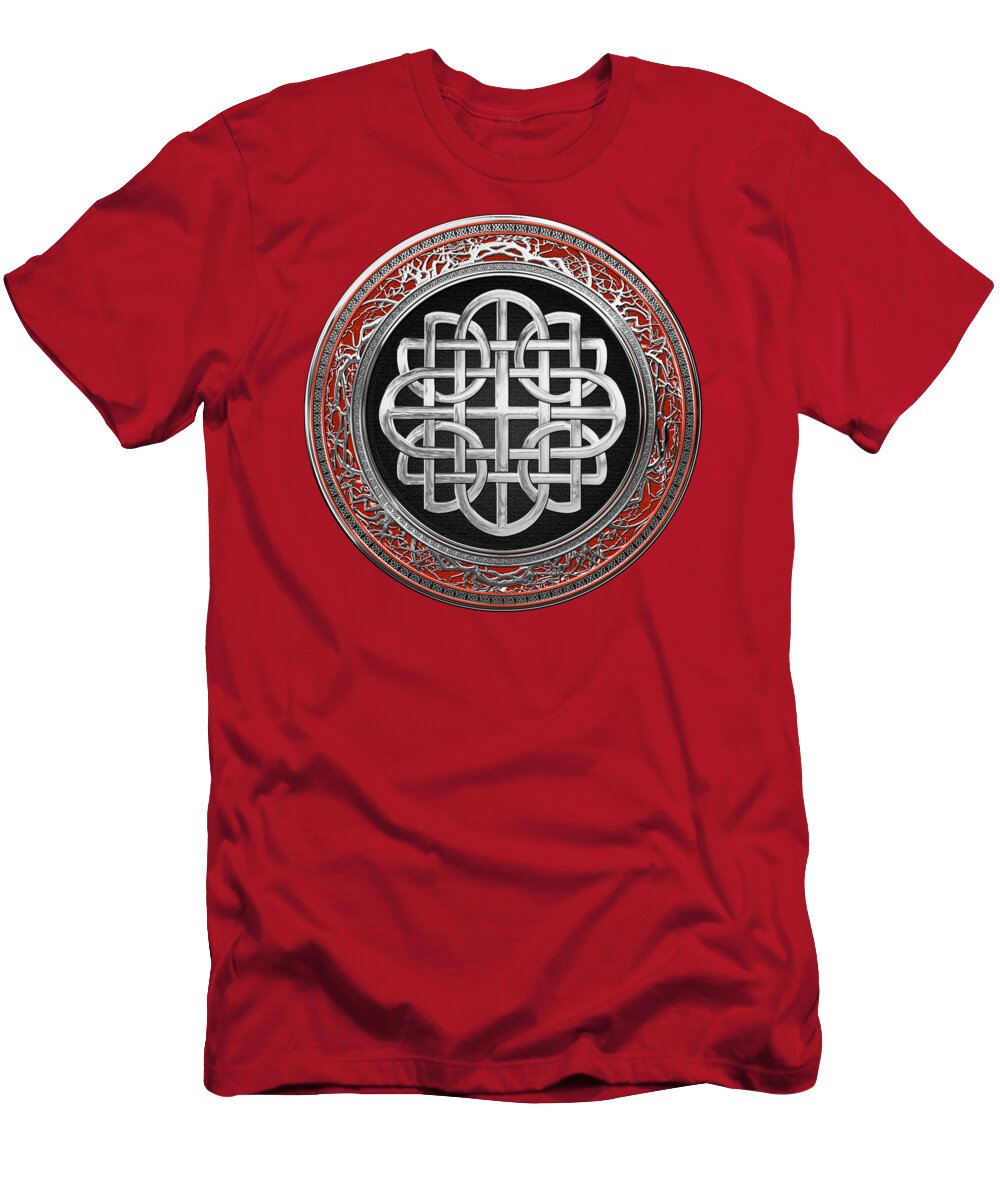 ‘celtic Treasures’ Collection By Serge Averbukh T-Shirt featuring the digital art Sacred Celtic Silver Knot Cross over Red Velvet by Serge Averbukh
