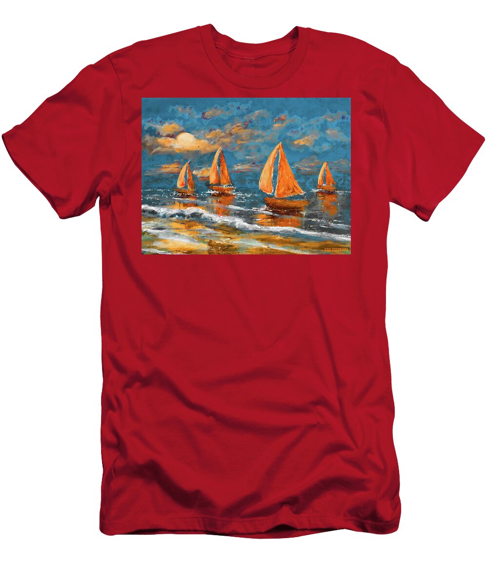 Keys T-Shirt featuring the painting Sailing Early Moonrise Alt by Ken Figurski