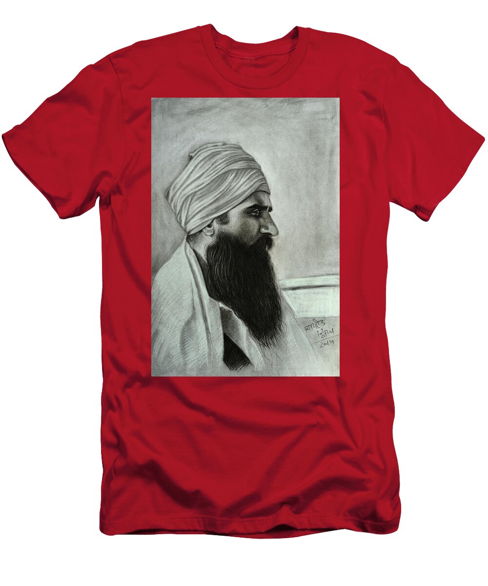 Sant Jarnail Singh T-Shirt featuring the drawing Sant Jarnail Singh Khalsa Bhindrawale by Jaspreet Singh