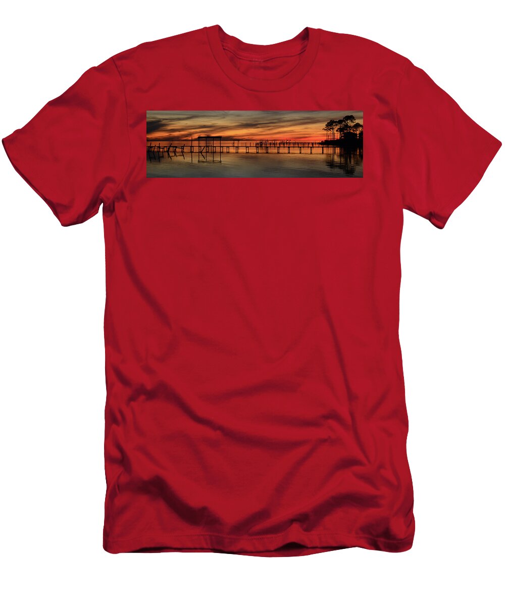 15 January 2012 T-Shirt featuring the photograph Santa Rosa Sound Sunset Silhouettes Panoramic by Jeff at JSJ Photography