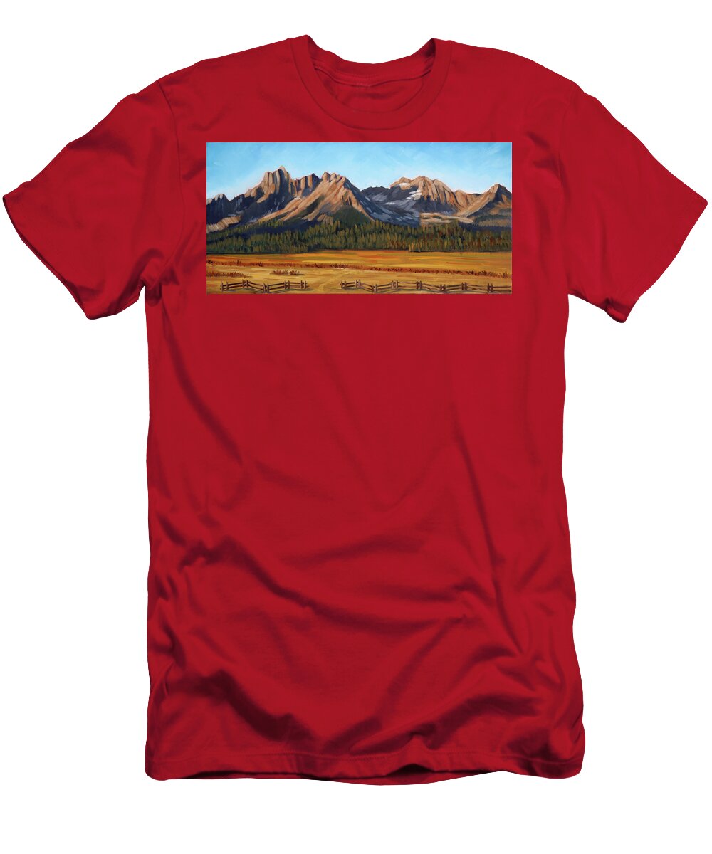 Sawtooth Mountains T-Shirt featuring the painting Sawtooth Mountains - Iron Creek by Kevin Hughes