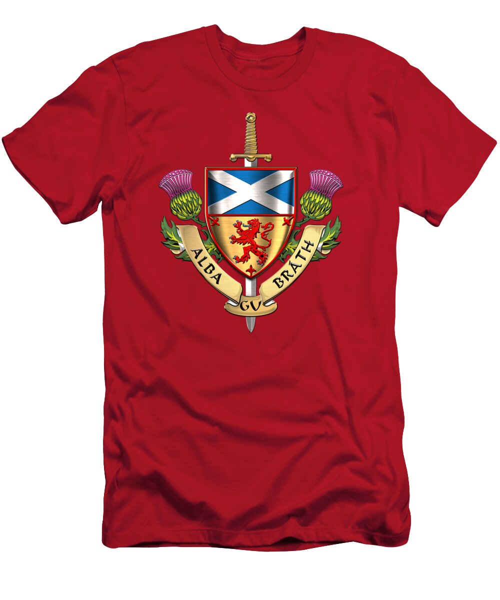 “world Heraldry” Collection Serge Averbukh T-Shirt featuring the digital art Scotland Forever - Alba Gu Brath - Symbols of Scotland over Red Velvet by Serge Averbukh