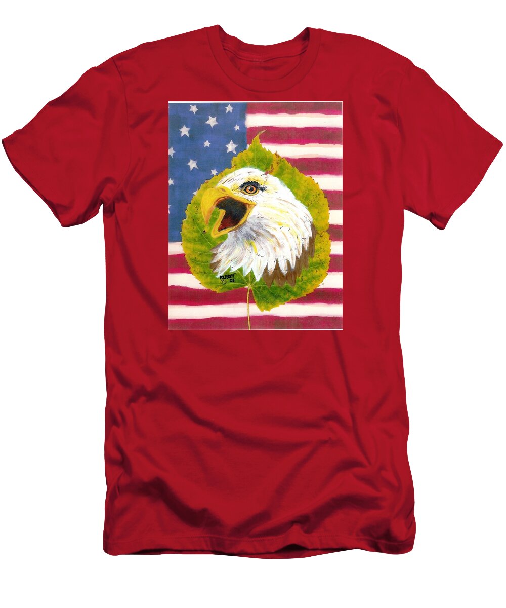 Wildlife T-Shirt featuring the painting Screaming Eagle with U.S. Flag by Ralph Root