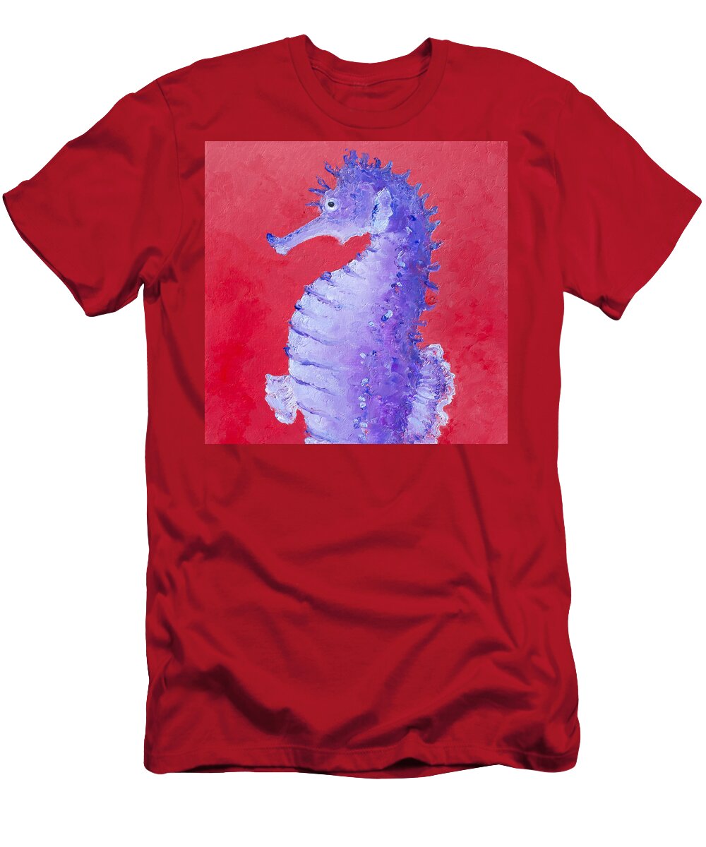 Seahorse T-Shirt featuring the painting Seahorse Painting on red background by Jan Matson