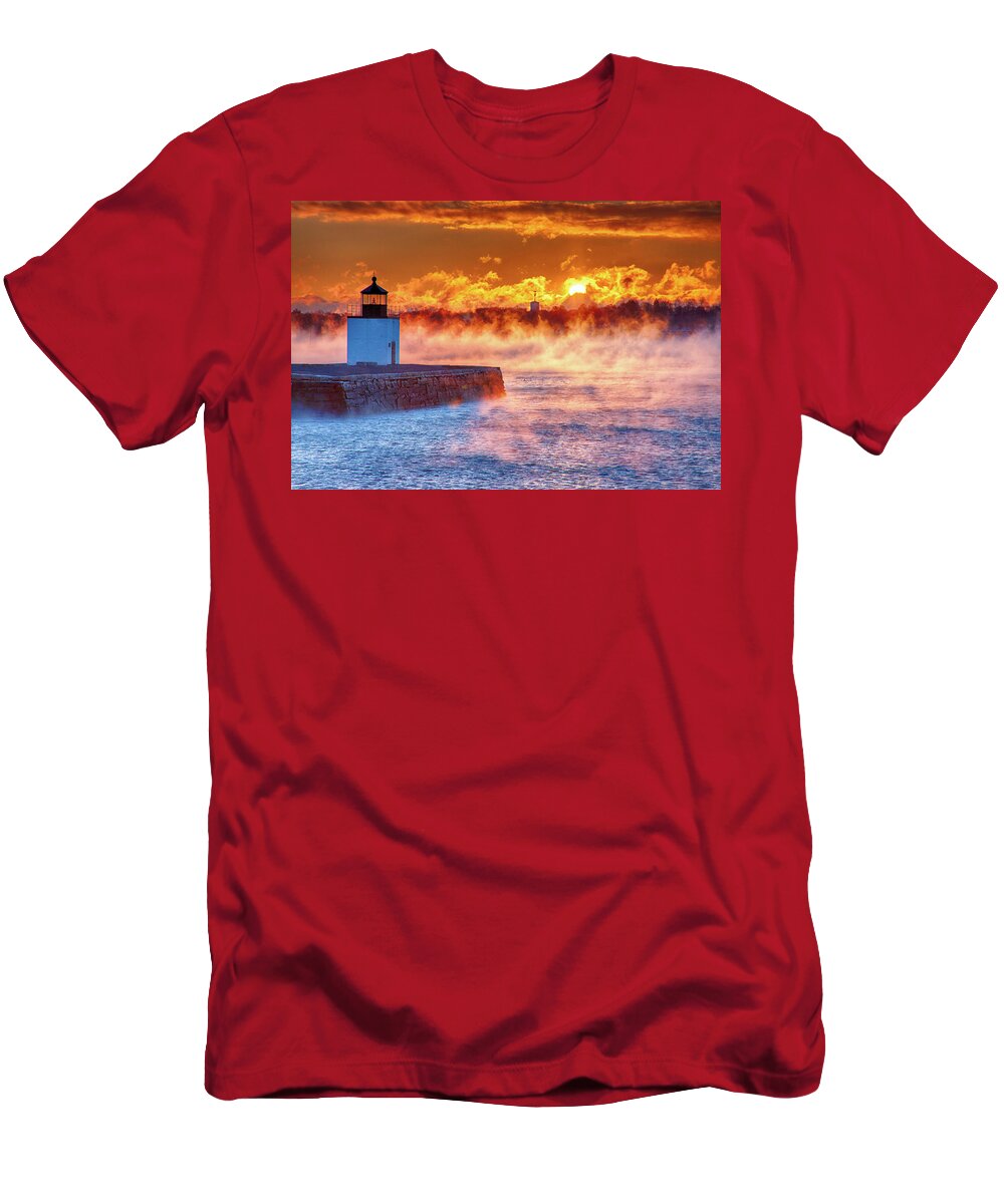 Derby Wharf Salem T-Shirt featuring the photograph Seasmoke at Salem Lighthouse by Jeff Folger