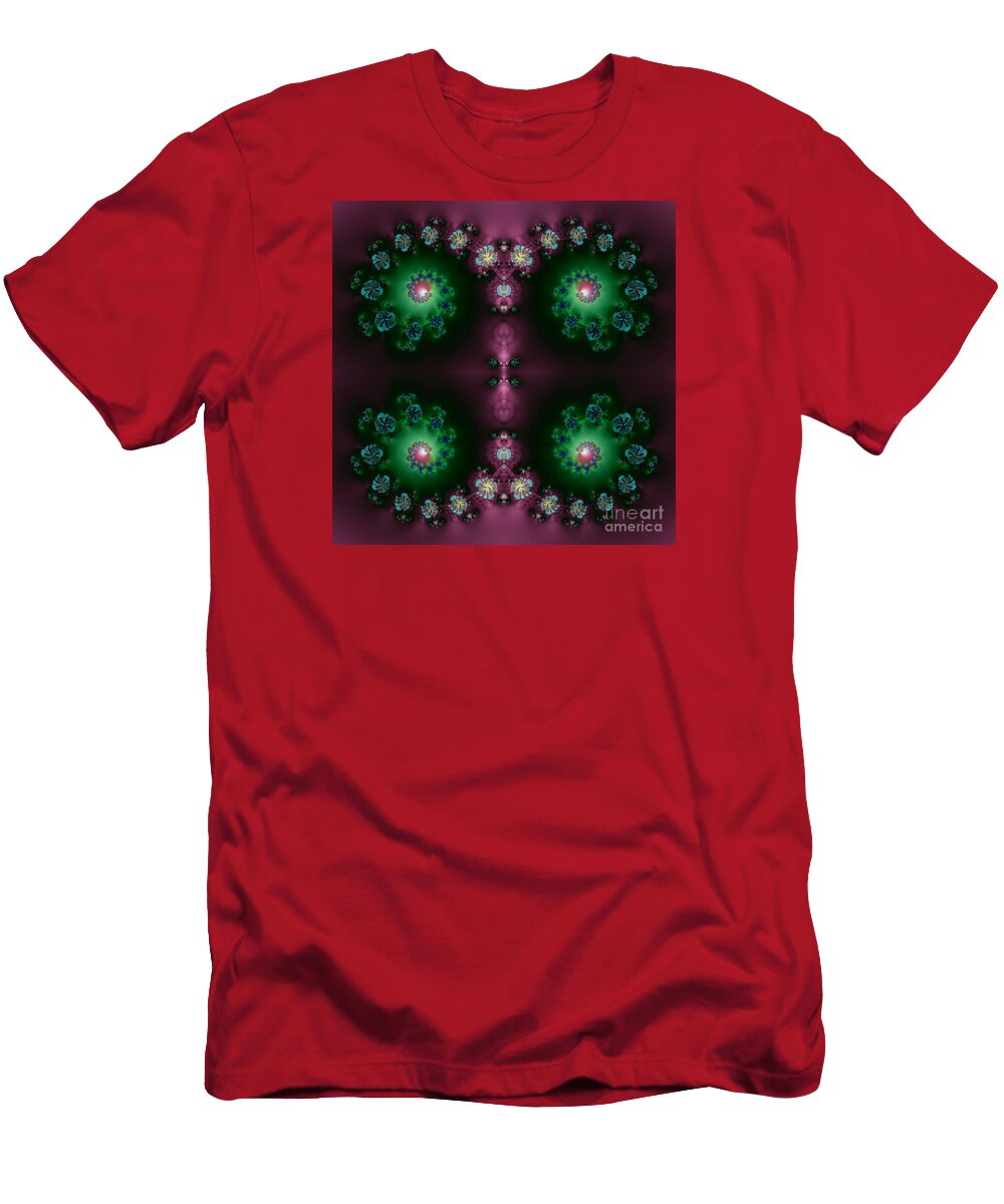 Spiral Galaxies Fractal In Purple And Green T-Shirt featuring the digital art Spiral Galaxies Fractal in Purple and Green by Rose Santuci-Sofranko