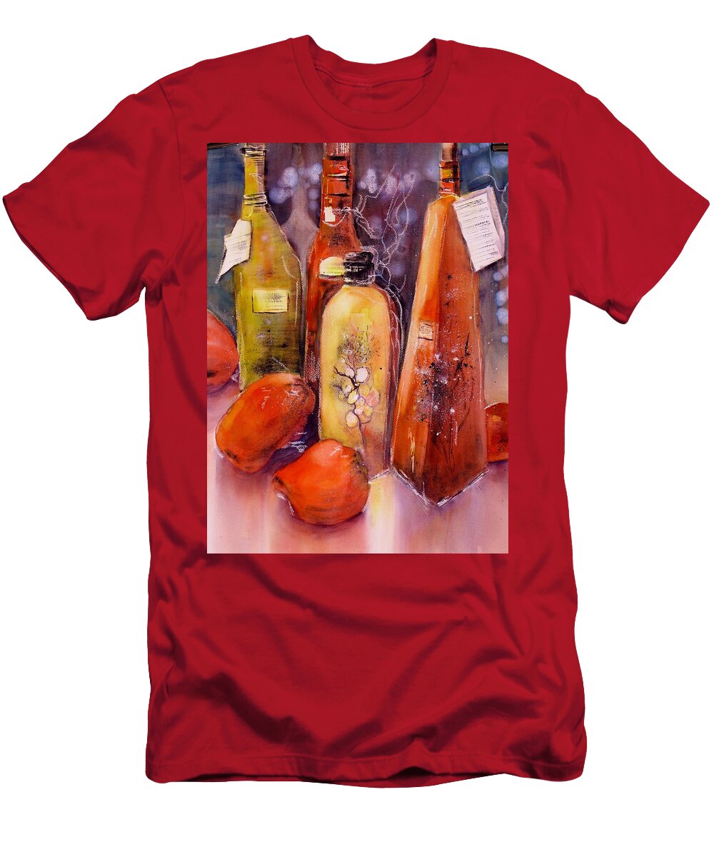 Still Life Olive Oil And Peppers T-Shirt featuring the painting Still Life Olive Oil and Peppers by Sabina Von Arx