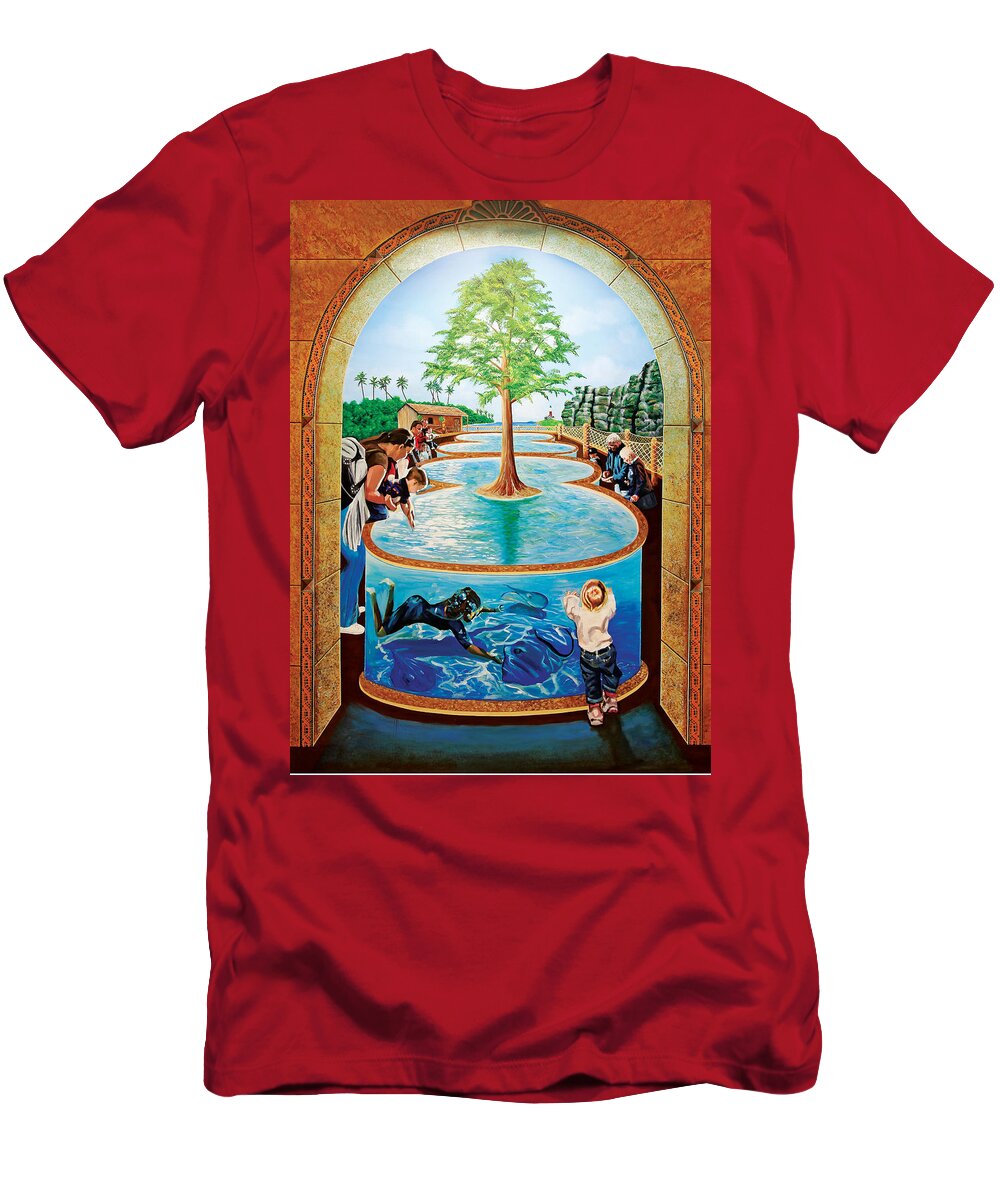 Water Scene T-Shirt featuring the painting Stingray Tank At Atlantis Aquarium by Bonnie Siracusa