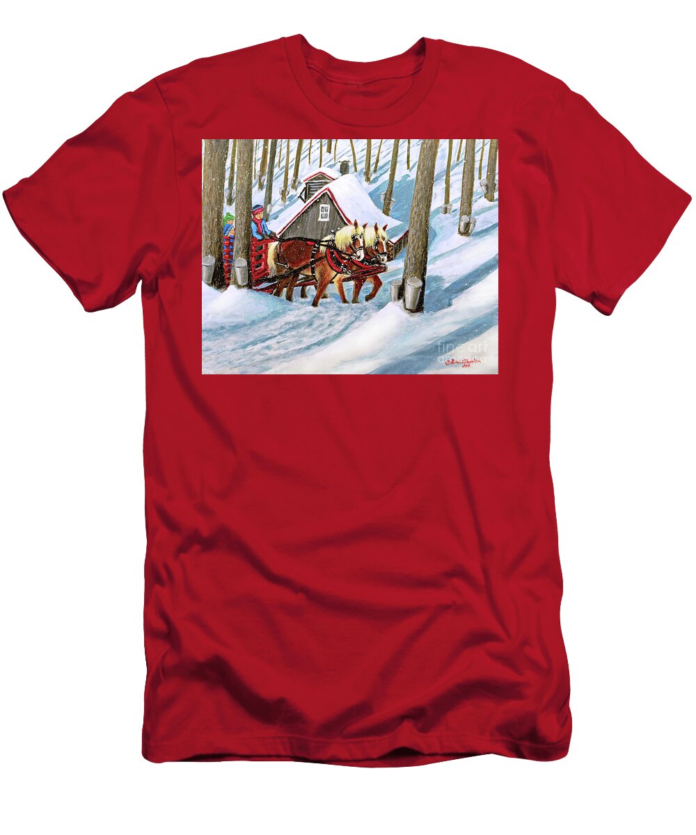 Snow Scene T-Shirt featuring the painting Sugar Bush Sleigh Ride Randonne en traneau sucre by Pat Davidson