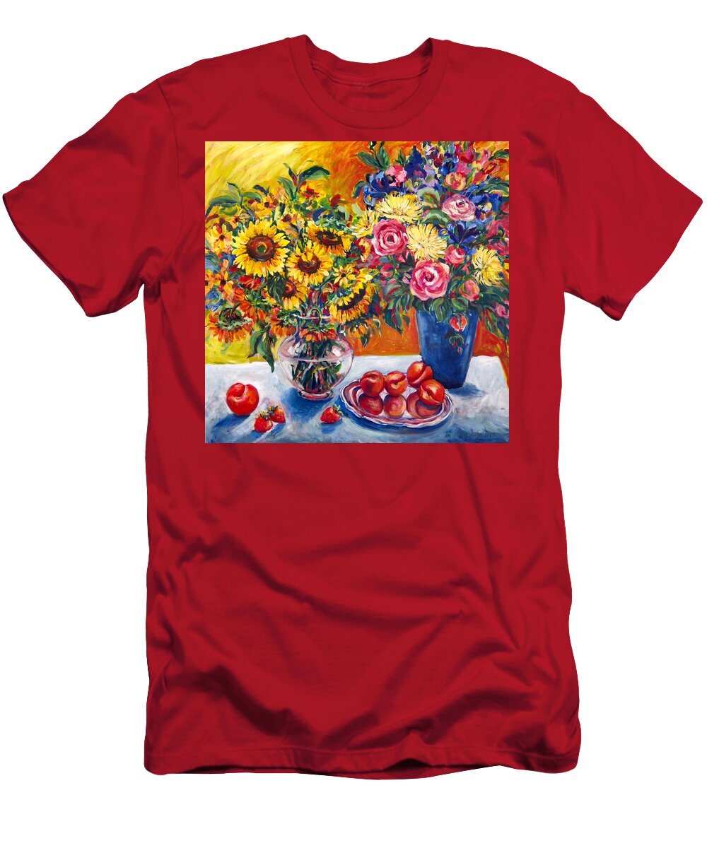 Flowers T-Shirt featuring the painting Sunflowers and Plums by Ingrid Dohm
