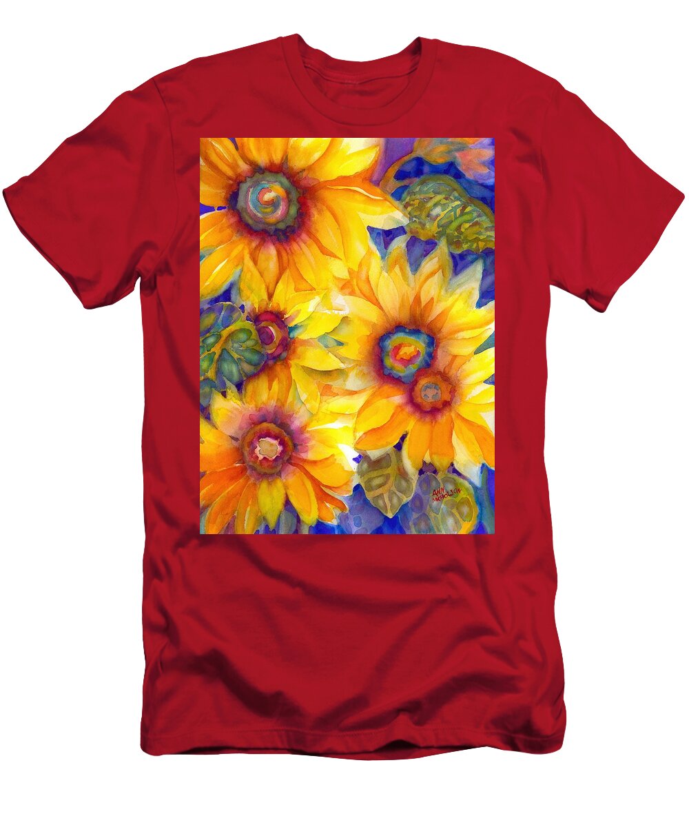Watercolor T-Shirt featuring the painting Sunflowers on Blue II by Ann Nicholson