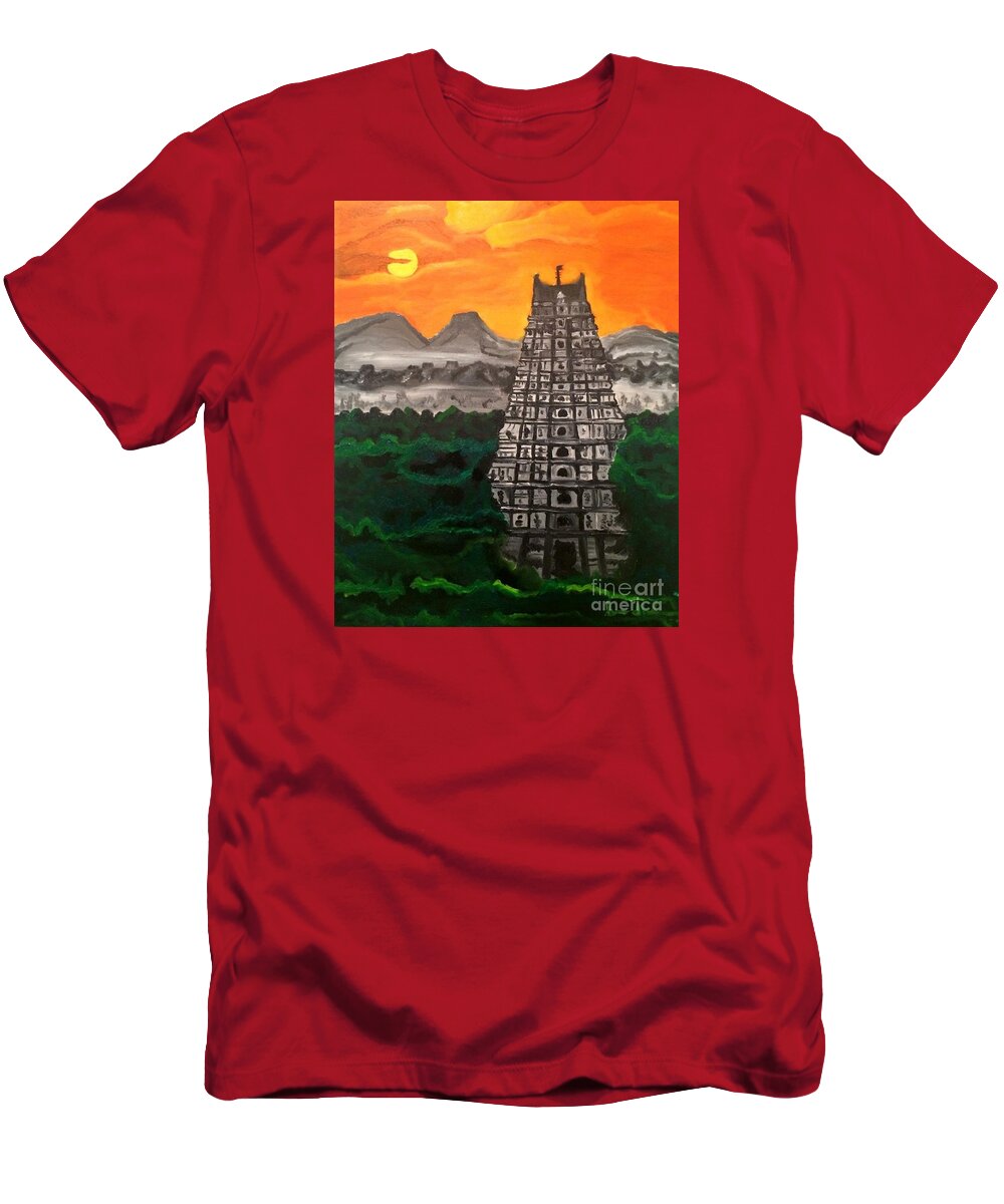 Temple T-Shirt featuring the painting Temple near the hills by Brindha Naveen