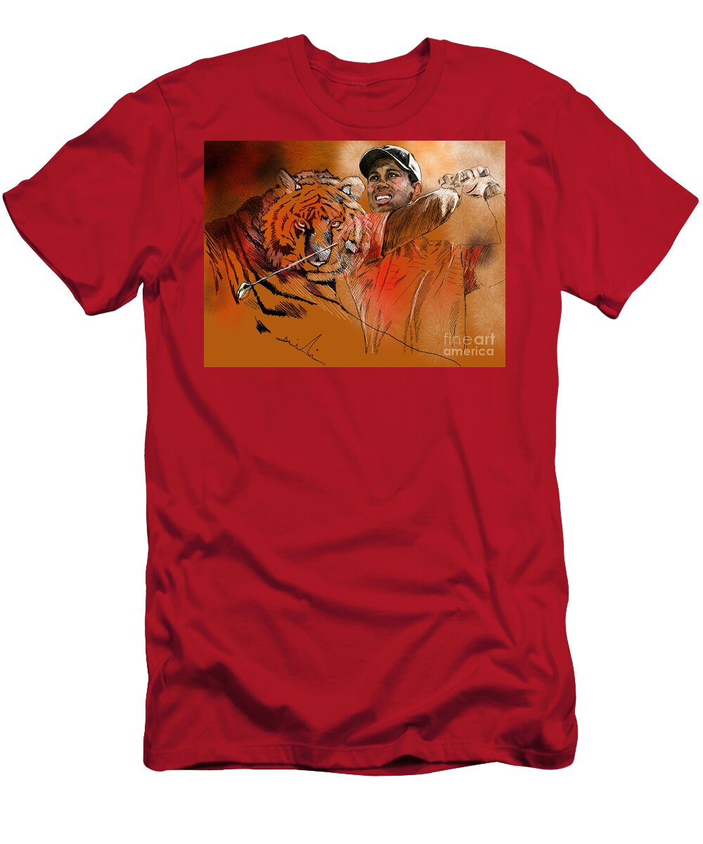 Golf Art Painting Portrait Tiger Woods Aninla Tiger T-Shirt featuring the painting Tiger Woods or Earn Your Stripes by Miki De Goodaboom