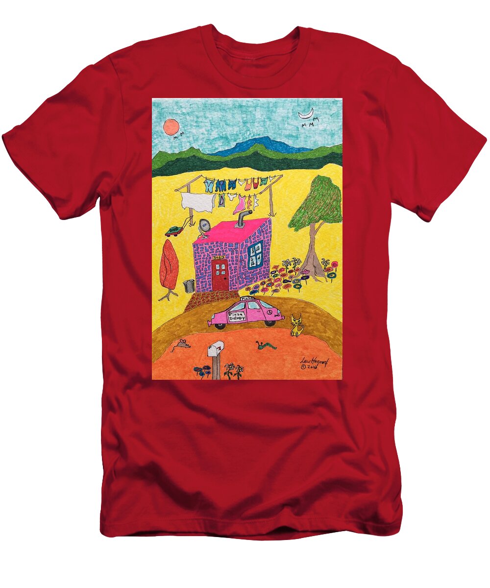  T-Shirt featuring the painting Tiny House with Clothesline by Lew Hagood