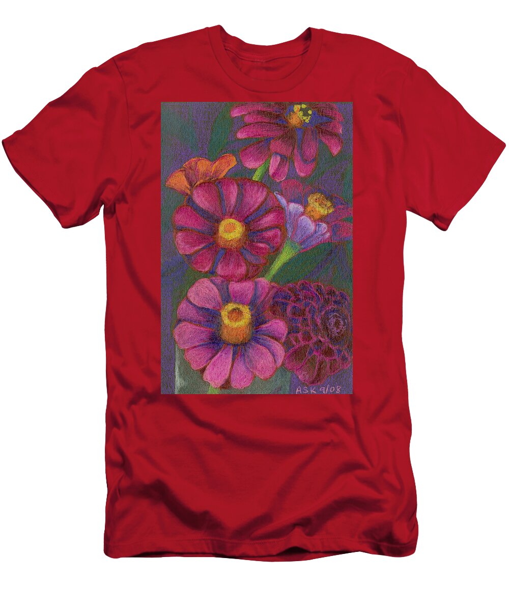 Flowers T-Shirt featuring the drawing Top Hat Zinnias by Anne Katzeff