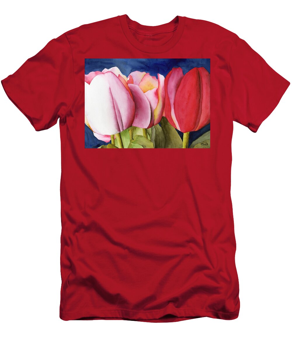 Watercolor T-Shirt featuring the painting Triple Tulips by Ken Powers