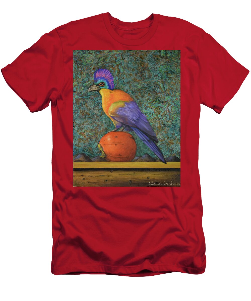 Turaco T-Shirt featuring the painting Turaco On A Persimmon by Leah Saulnier The Painting Maniac