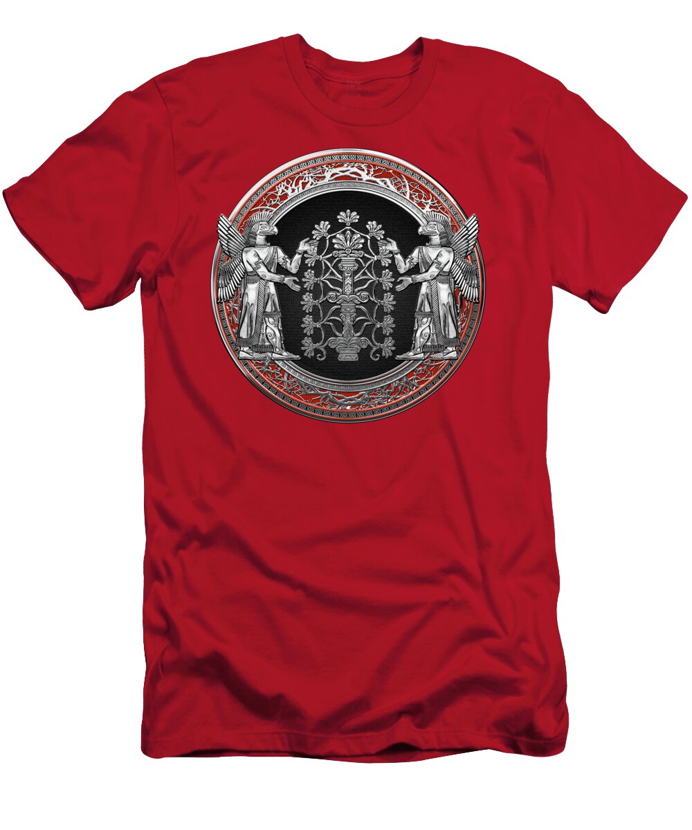 ‘treasures Of Mesopotamia’ Collection By Serge Averbukh T-Shirt featuring the digital art Two Instances of Silver God Ninurta with Tree of Life over Red Velvet by Serge Averbukh