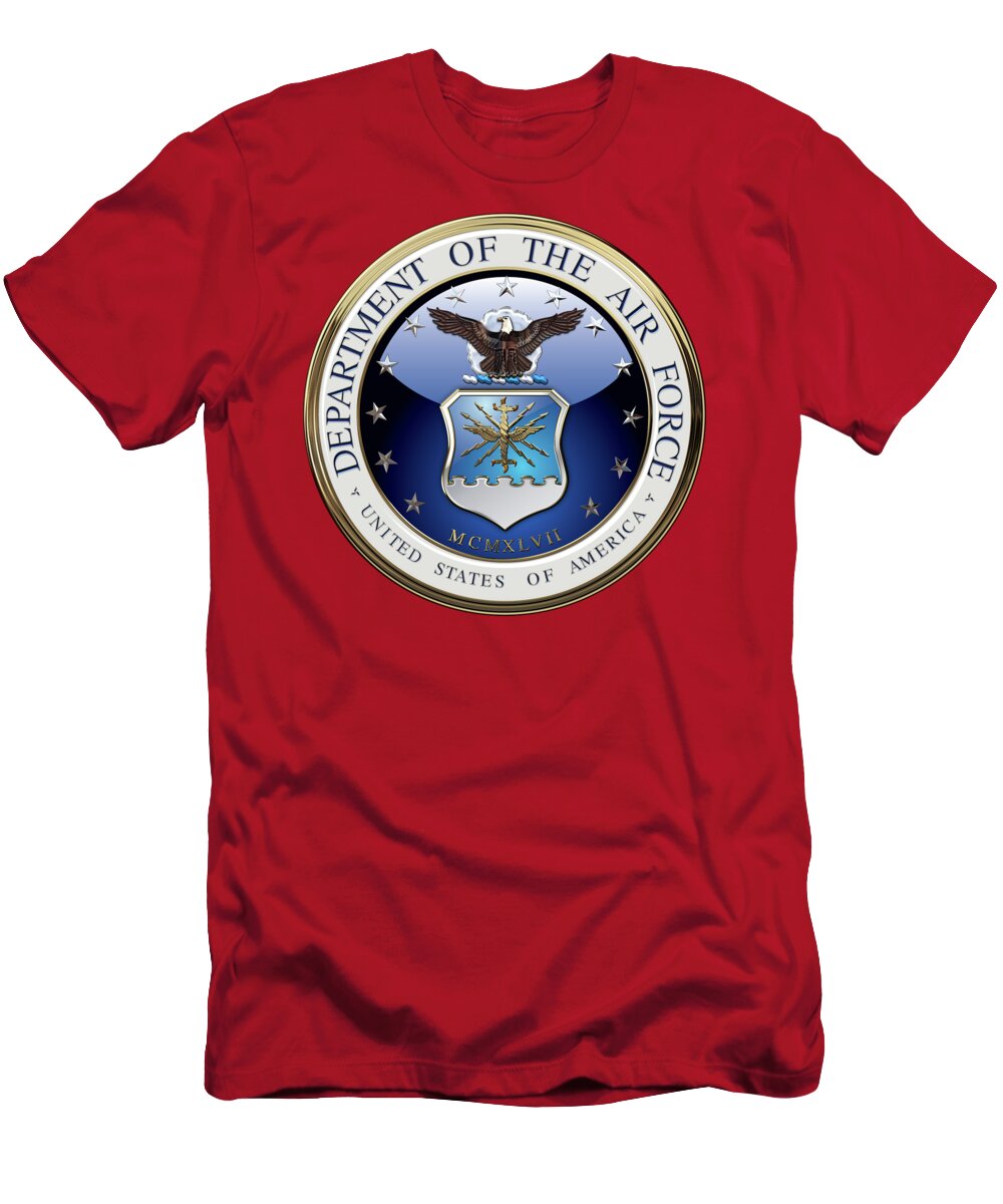 'military Insignia 3d' By Serge Averbukh T-Shirt featuring the digital art U. S. Air Force - U S A F Emblem over Red Velvet by Serge Averbukh