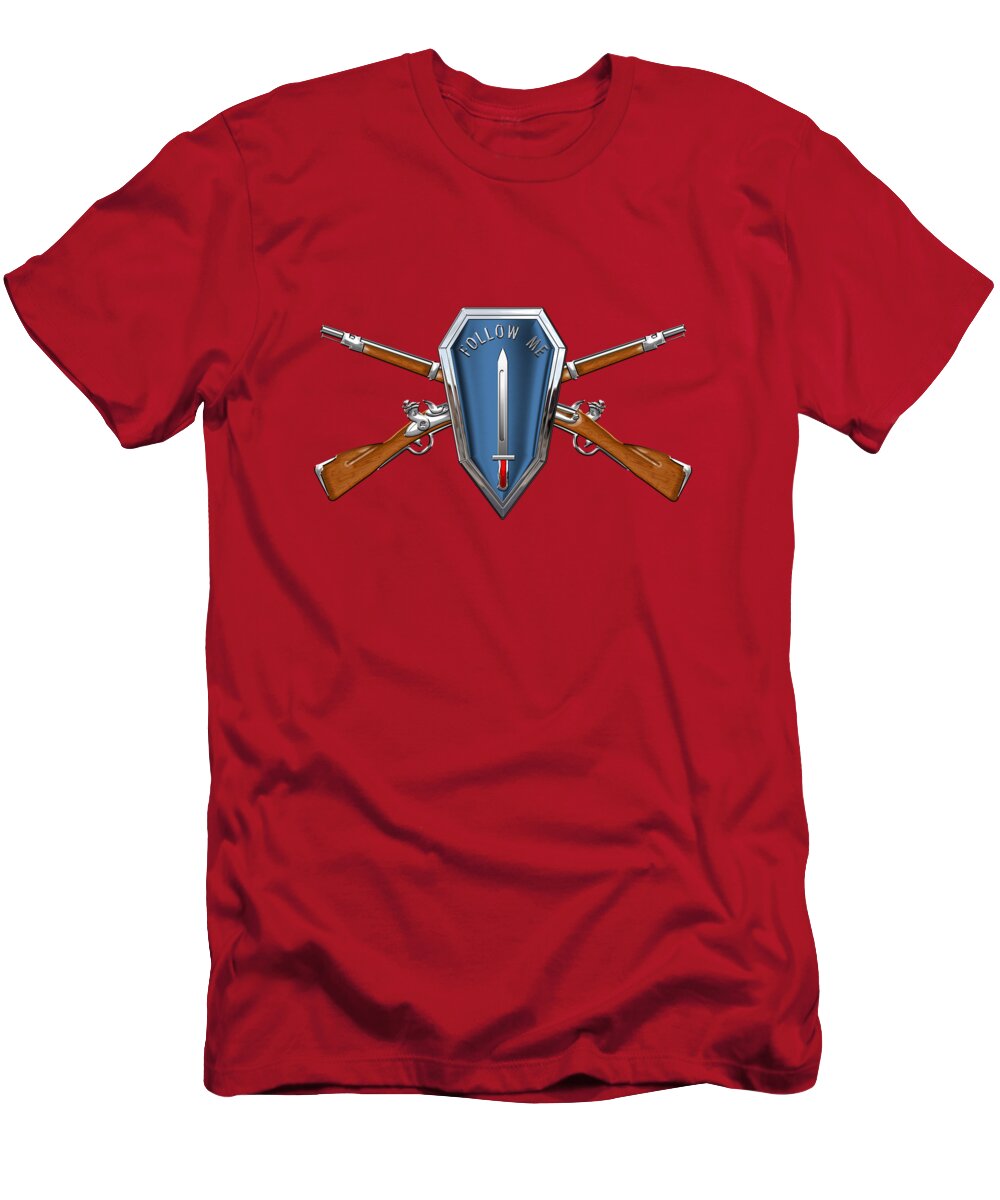 'military Insignia & Heraldry' Collection By Serge Averbukh T-Shirt featuring the digital art U. S. Army Infantry School Distinctive Unit Insignia over Red Velvet by Serge Averbukh