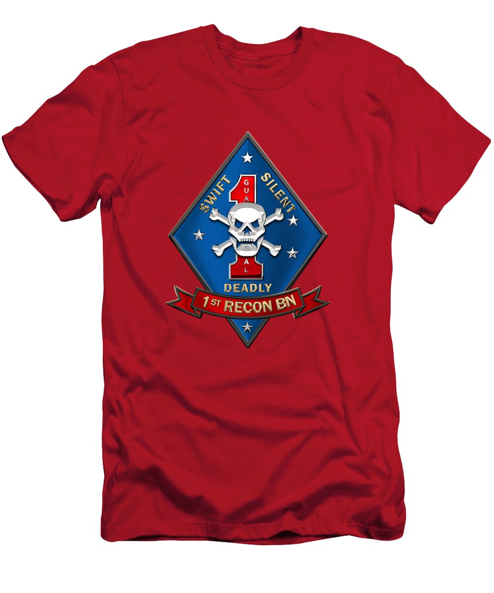 'military Insignia & Heraldry' Collection By Serge Averbukh T-Shirt featuring the digital art U S M C 1st Reconnaissance Battalion - 1st Recon Bn Insignia over Red Velvet by Serge Averbukh
